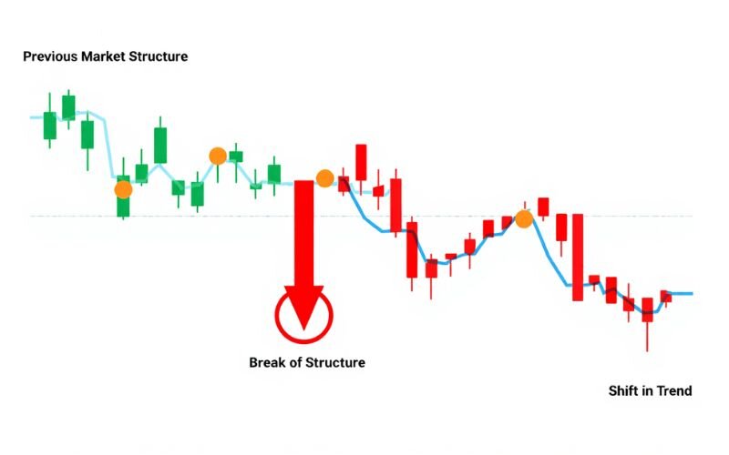 A broken market structure means the trend pattern is disrupted, signaling a shift