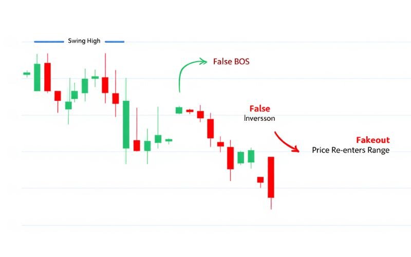 A false BOS happens when price breaks a level briefly, then quickly reverses
