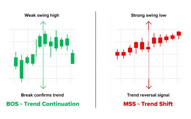 BOS breaks weak levels to confirm direction, MSS breaks strong levels to challenge it