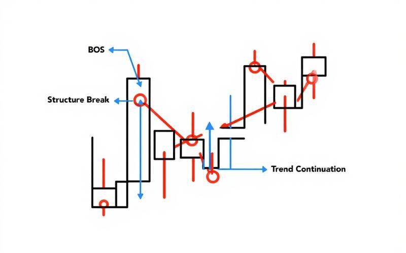 BOS happens when price breaks a key swing high or low