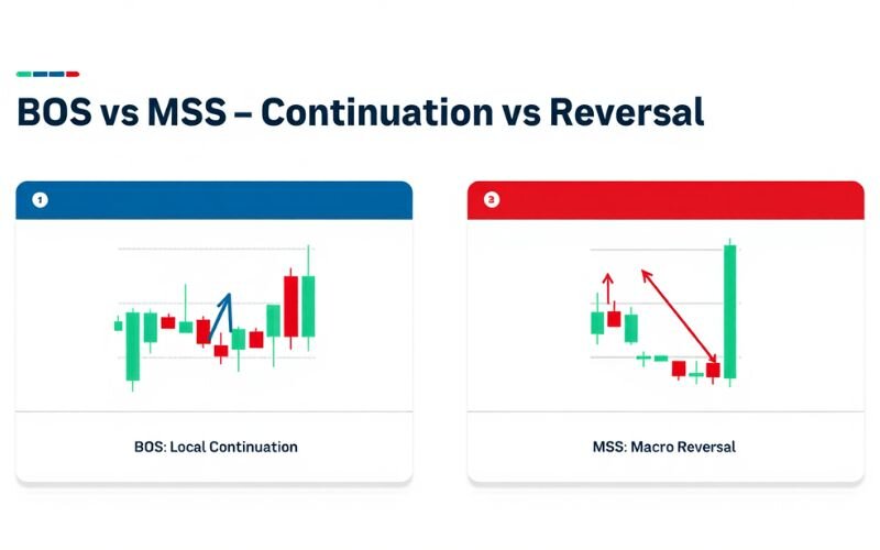 BOS shows trend continuation, while MSS signals a confirmed trend reversal