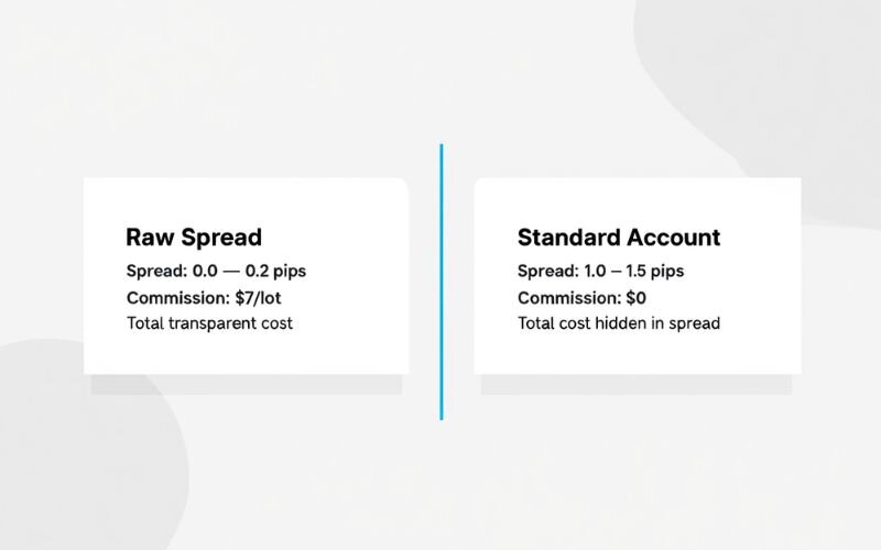 Raw spread accounts charge a fixed commission, while standard accounts include the broker’s fee in the spread