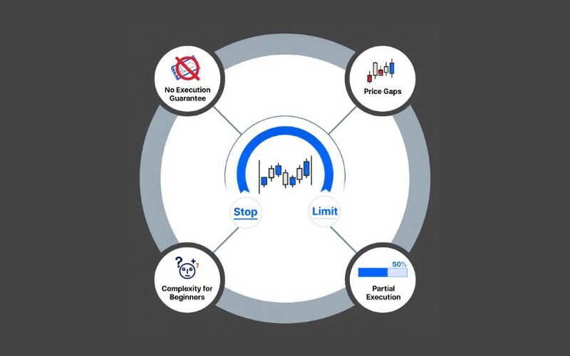 Stop-limit orders carry risks like no fills, price gaps, and added complexity