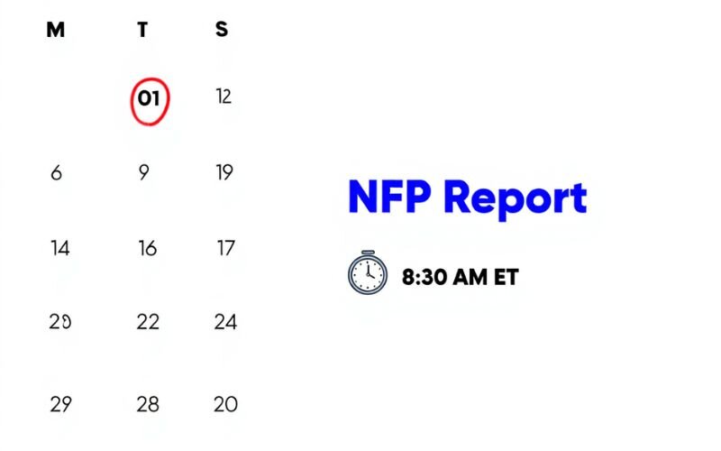The NFP report is released monthly on the first Friday at 8:30 AM ET
