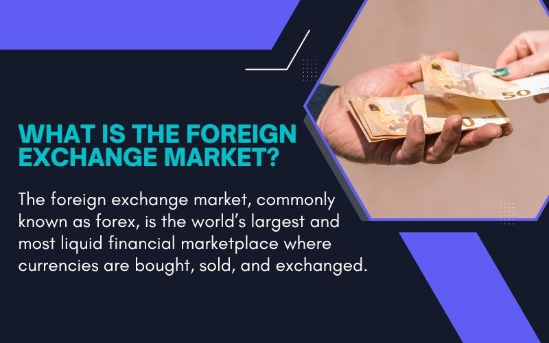 The foreign exchange market, where currencies are bought, sold, and exchanged